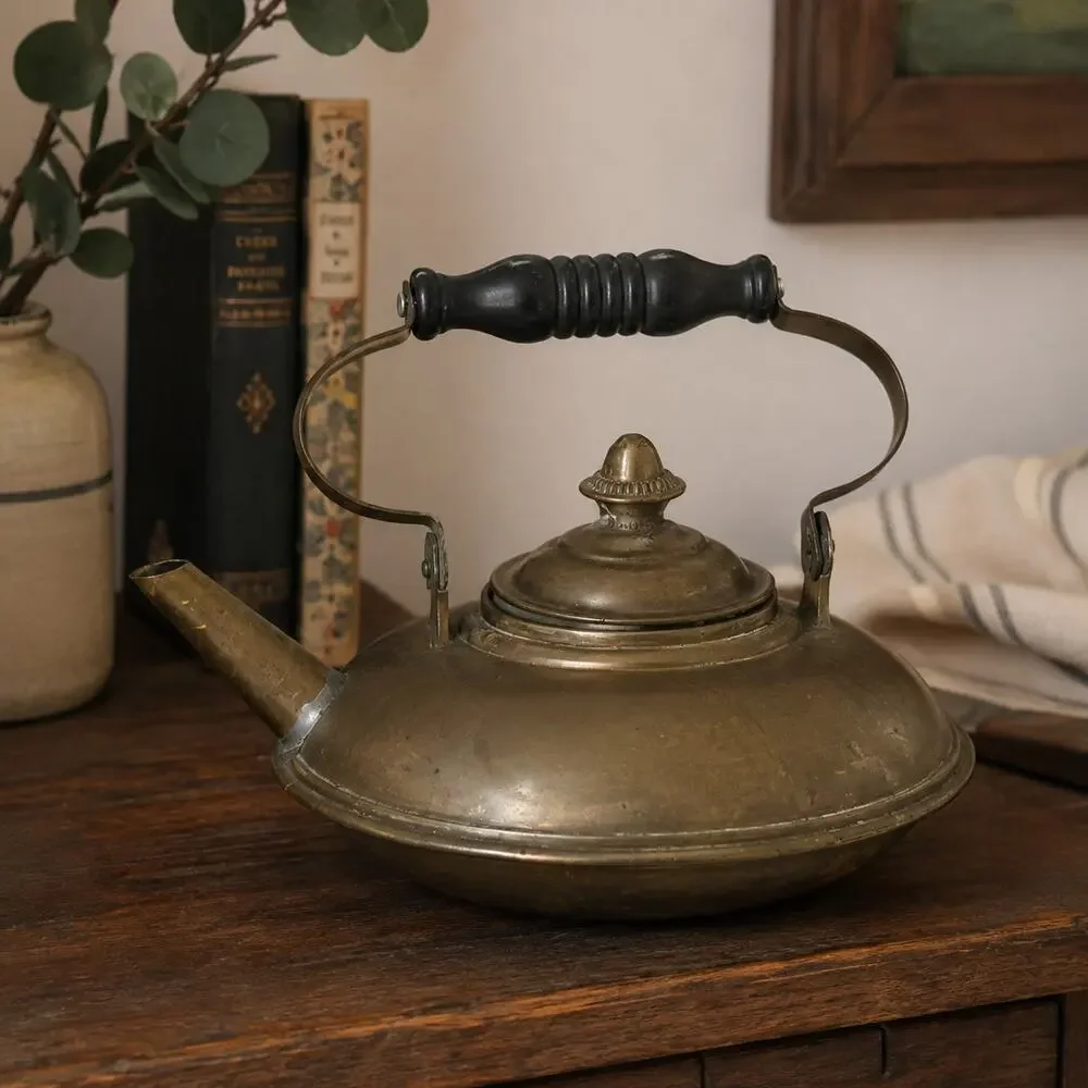 Vintage Brass Tea Kettle Wooden Handle Decorative Tin-Lined Small Teapot